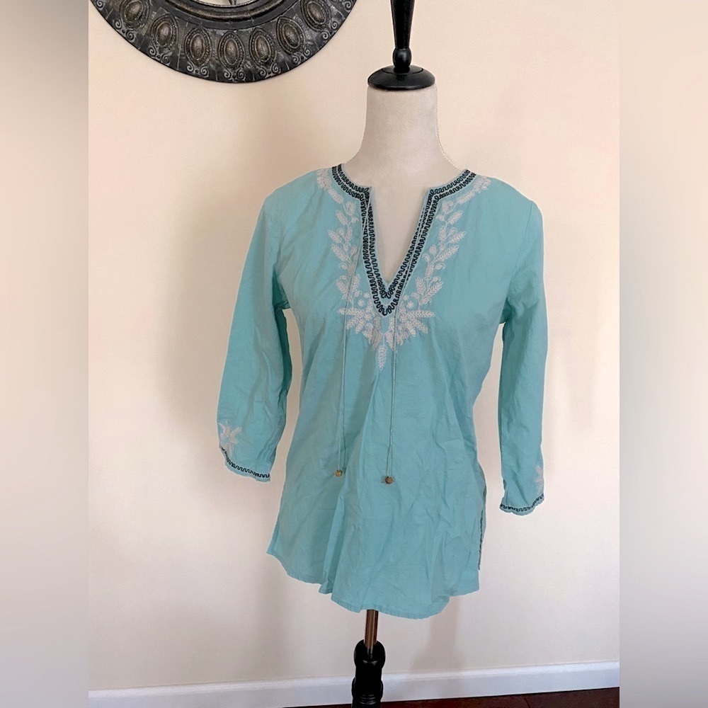 Geoffrey Beene 100% Cotton Embroidered 3/4 Length Sleeve Tunic Style Teal Top - Picture 2 of 5
